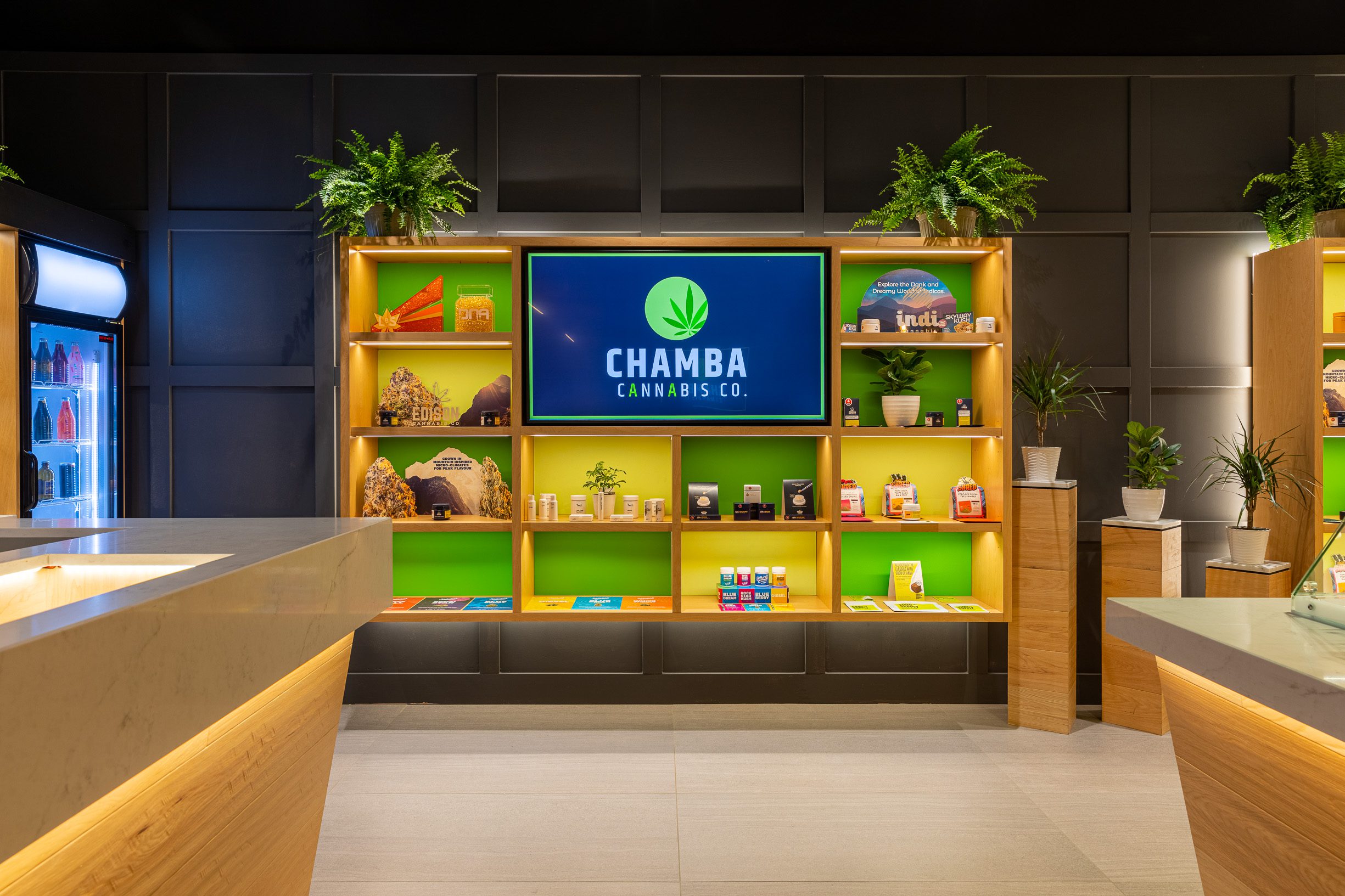 Product display featuring cannabis products, oils, and accessories at Chamba Cannabis Co. Brampton store